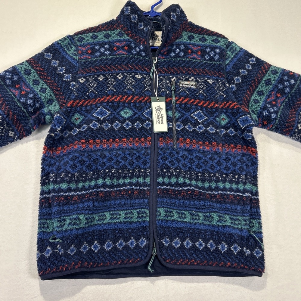 Alpine Design Mens Sherpa Fleece Jacket Full Zip Fair Isle Navy Small NWT